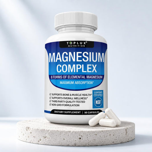 Toplux Magnesium Complex 90-capsule bottle on a stone pedestal